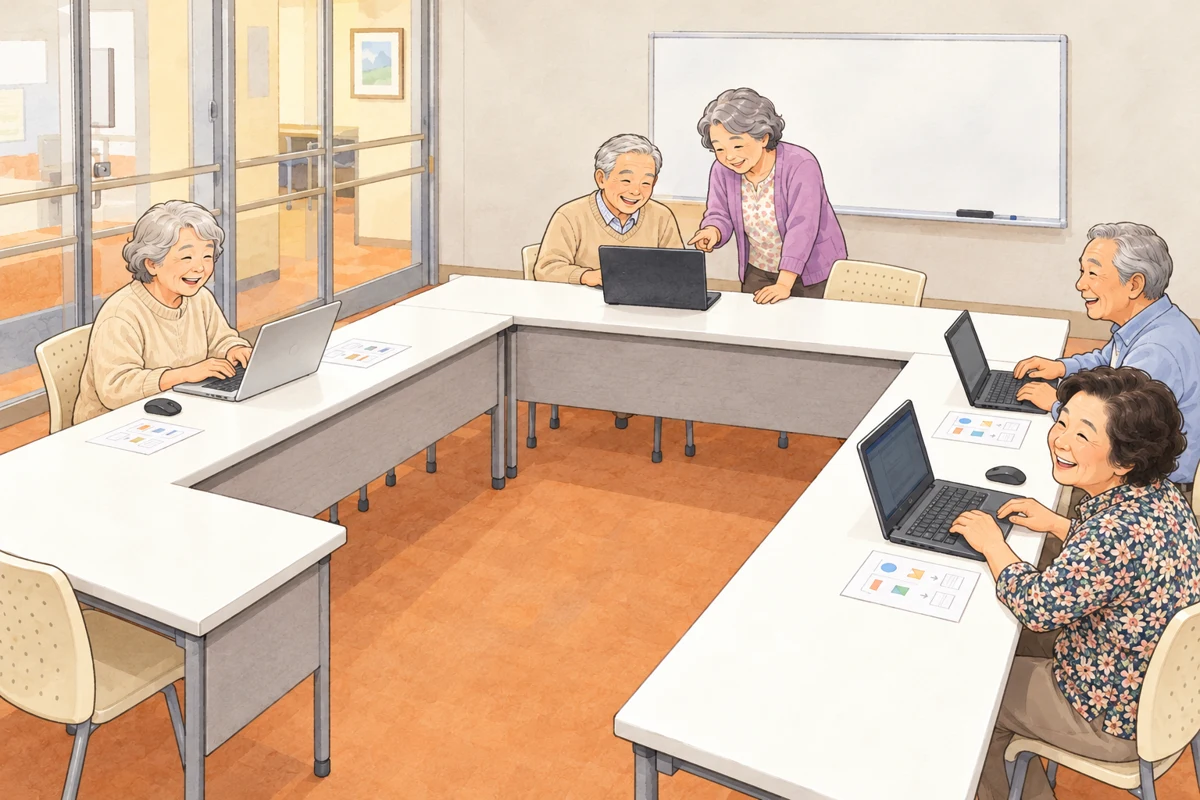 コの字型の机の外側に座って学ぶシニアのイラスト