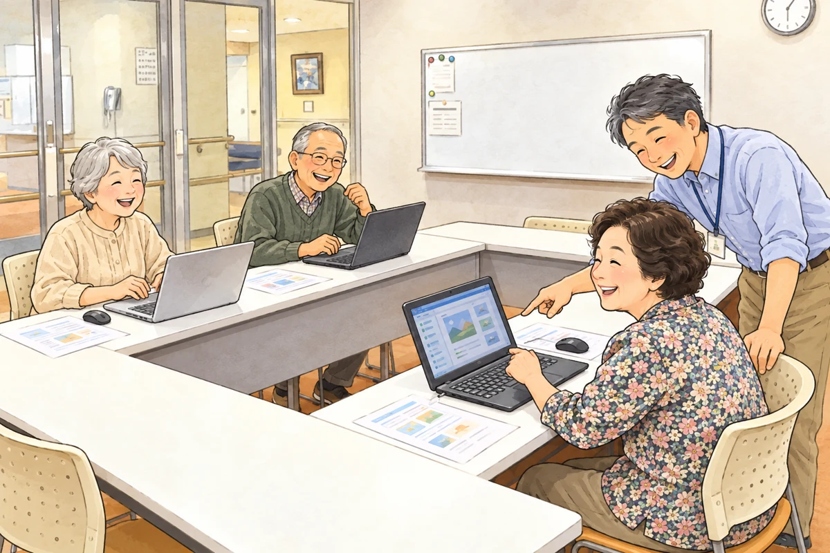 プリント教材とノートパソコンで学ぶシニアと講師のイメージ