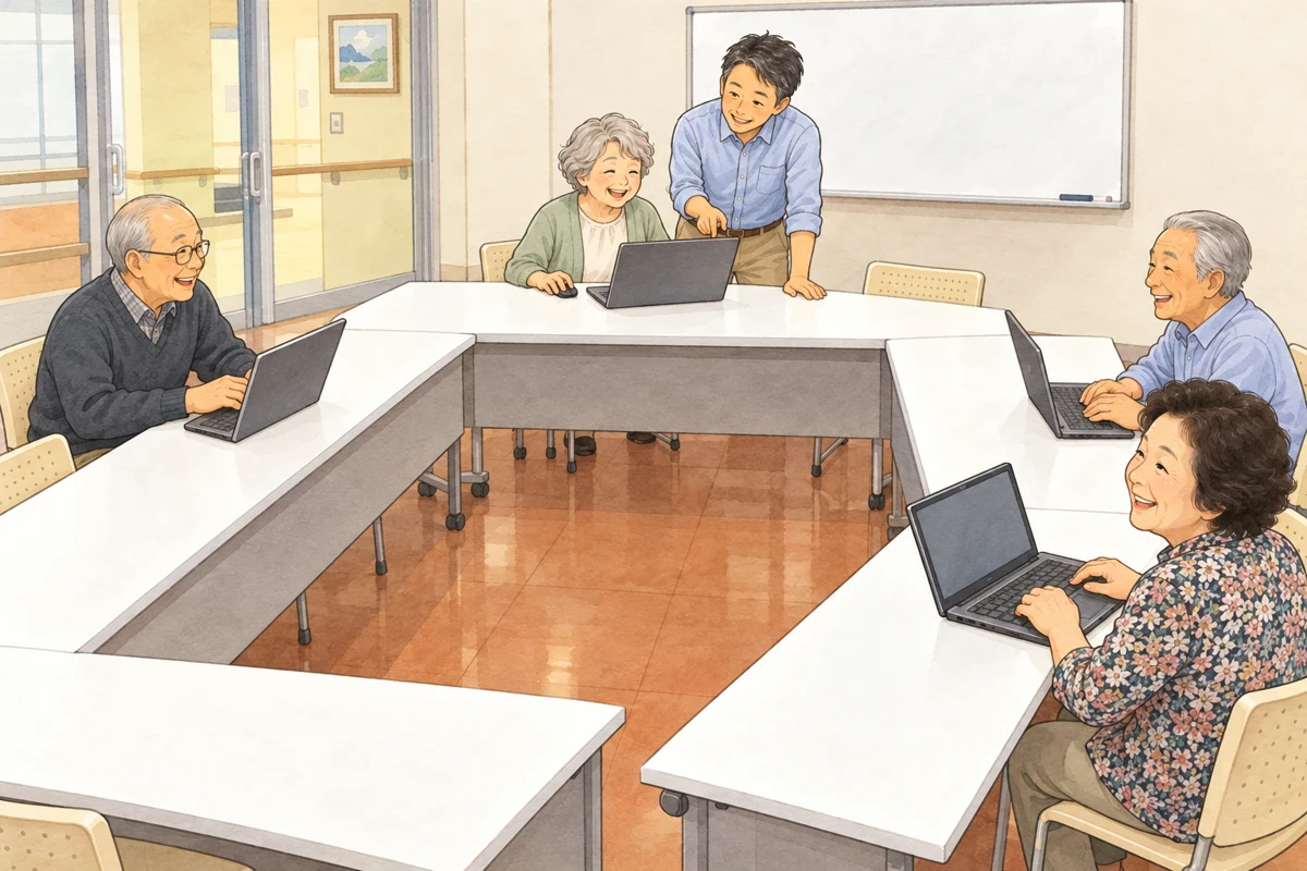 講師とマウス操作を体験する初心者のイメージ